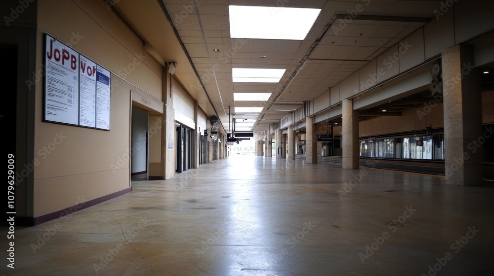 A spacious, empty corridor with skylights and job listings on the wall. A spacious, empty corridor with skylights and job listings on the wall.
