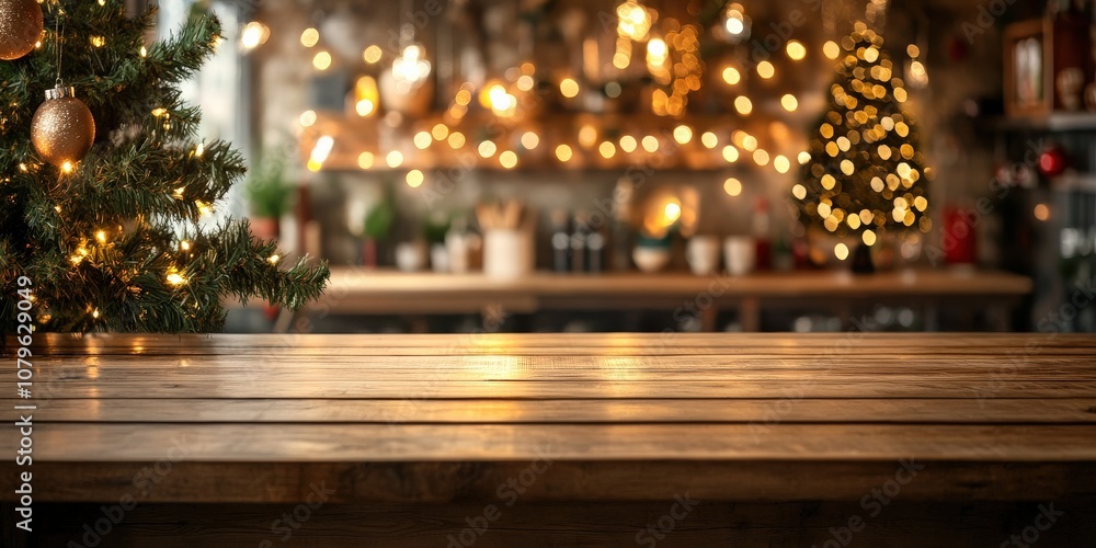 Festive kitchen backdrop with empty wooden table in foreground, Christmas tree and twinkling lights creating a warm, cozy atmosphere for holiday cooking and gatherings Festive kitchen backdrop with empty wooden table in foreground, Christmas tree and twinkling lights creating a warm, cozy atmosphere for holiday cooking and gatherings