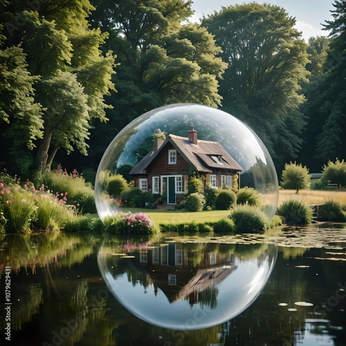 A cottage in nature enclosed in water bubble 
