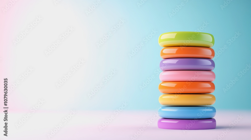 Colorful Stacked Discs with Soft Pastel Background Creating a Playful and Vibrant Atmosphere, Perfect for Design and Lifestyle Projects Colorful Stacked Discs with Soft Pastel Background Creating a Playful and Vibrant Atmosphere, Perfect for Design and Lifestyle Projects