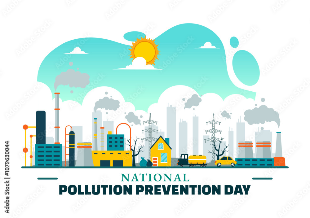 Naklejka premium National Pollution Prevention Day Vector Illustration on 2 December for Awareness Campaign, featuring Factory, Forest, and Vehicle Pollution Issues