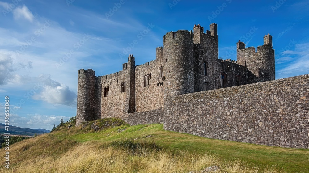A majestic castle featuring an impressive tall stone wall A majestic castle featuring an impressive tall stone wall