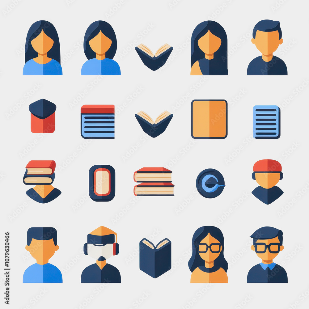 Fototapeta premium Set of Flat Design Icons Depicting Education, Reading Material, and Diverse Students Engaged in Learning Activities for Use in Educational Projects and Graphics