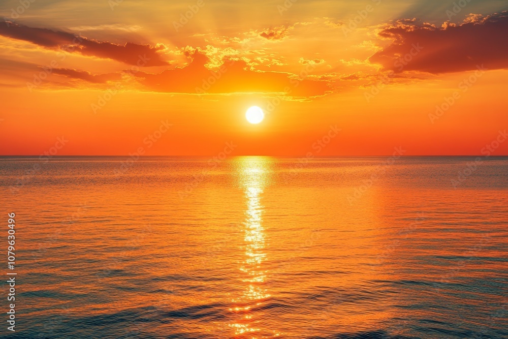 Dramatic sunset over the ocean with glowing clouds reflecting in the water. Dramatic sunset over the ocean with glowing clouds reflecting in the water.