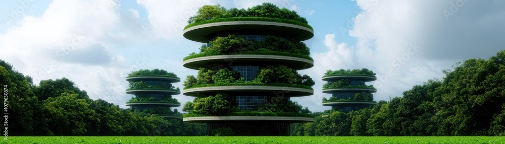 Economic Growth and Climate Change concept. A futuristic, eco-friendly structure surrounded by lush greenery and blue skies, representing sustainable architecture and harmony with nature. Economic Growth and Climate Change concept. A futuristic, eco-friendly structure surrounded by lush greenery and blue skies, representing sustainable architecture and harmony with nature.