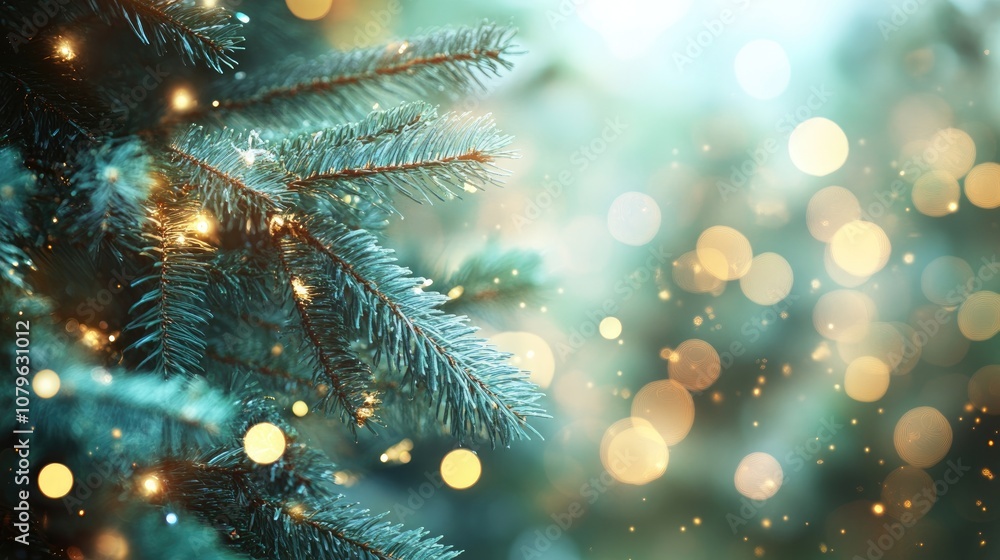 Festive backdrop featuring green fir tree branches adorned with bokeh lights Festive backdrop featuring green fir tree branches adorned with bokeh lights