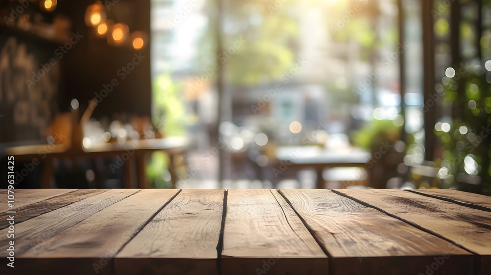 A wooden table set against a blurred cafe backdrop, suitable for showcasing products through a copy space image A wooden table set against a blurred cafe backdrop, suitable for showcasing products through a copy space image