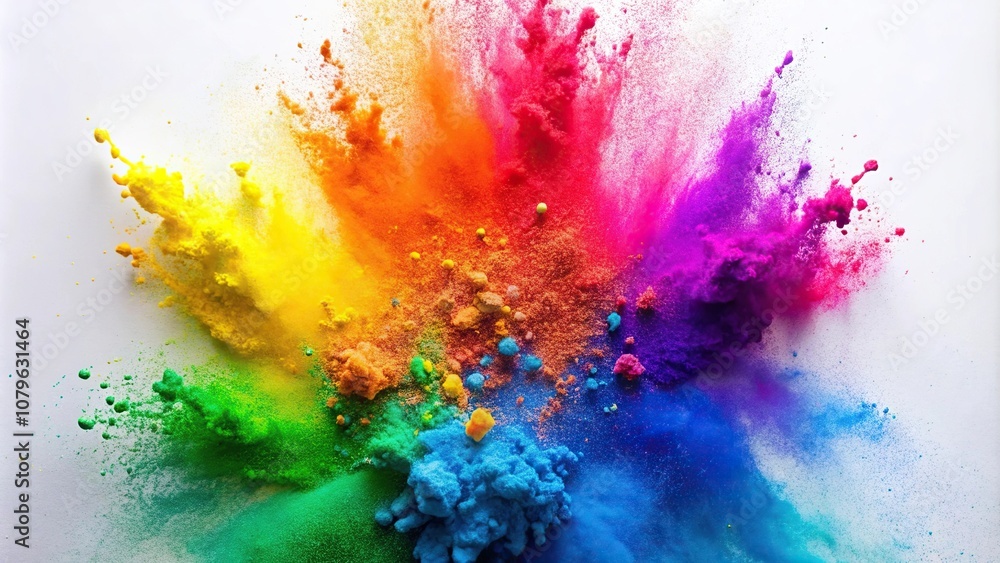 Colorful powder explosion of Holi paint on white background tilted angle Colorful powder explosion of Holi paint on white background tilted angle