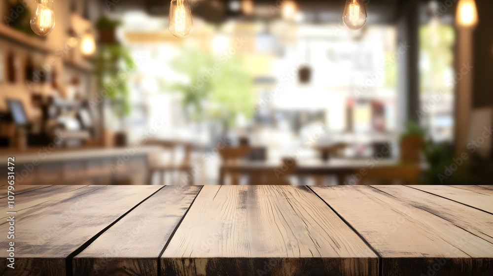 A wooden table set against a blurred cafe backdrop, suitable for showcasing products through a copy space image A wooden table set against a blurred cafe backdrop, suitable for showcasing products through a copy space image
