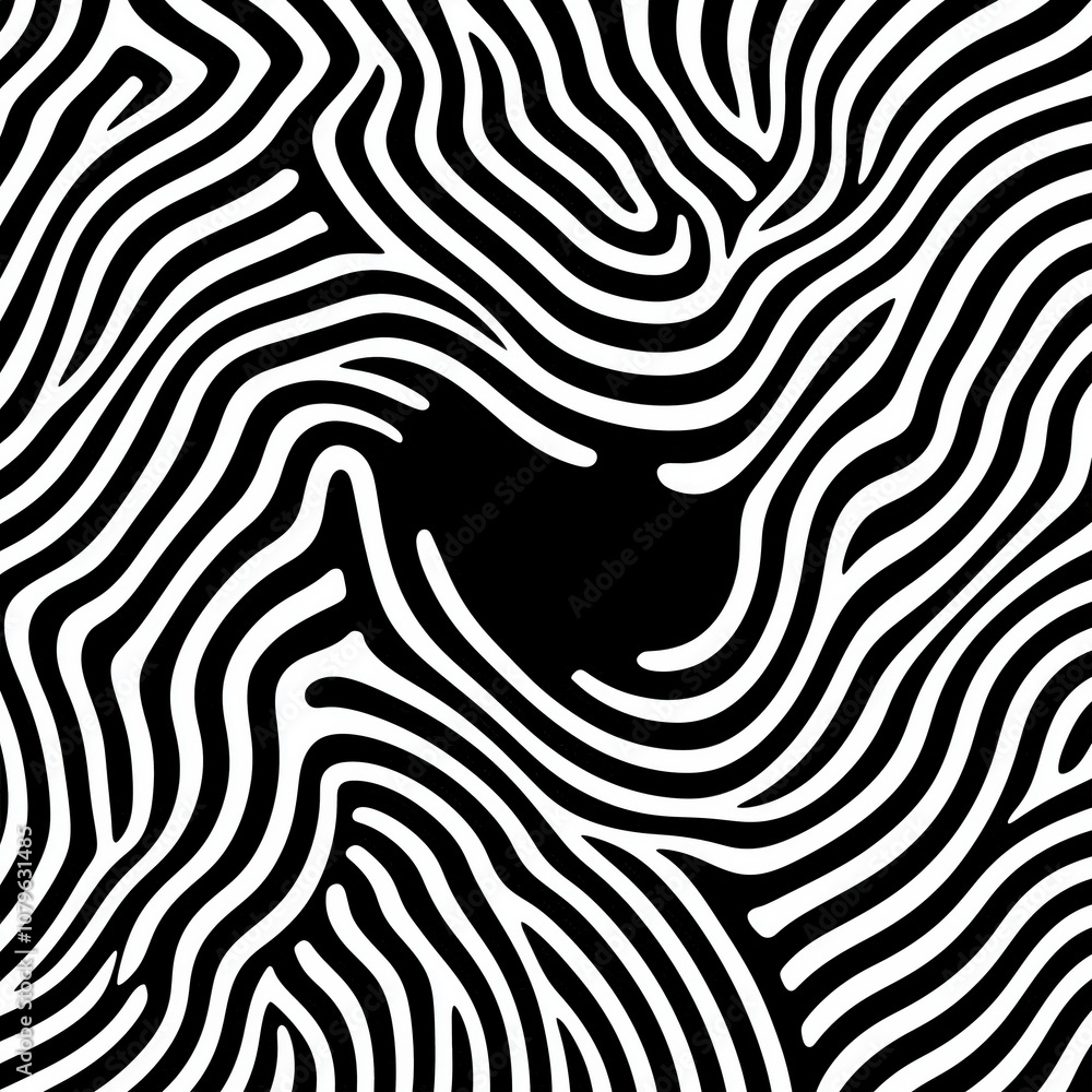 Abstract black and white pattern featuring wavy lines creating a hypnotic, swirling effect, with a dark area in the center. Abstract black and white pattern featuring wavy lines creating a hypnotic, swirling effect, with a dark area in the center.