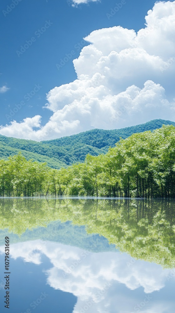 Fototapeta premium A serene landscape featuring a calm lake, lush green mountains, and fluffy white clouds.