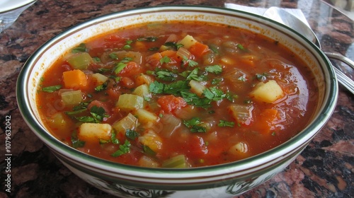 Homemade vegetable soup served in a bowl showcasing the creative use of leftover ingredients and sustainable zero waste cooking practices The soup is filled with a variety of colorful vegetables