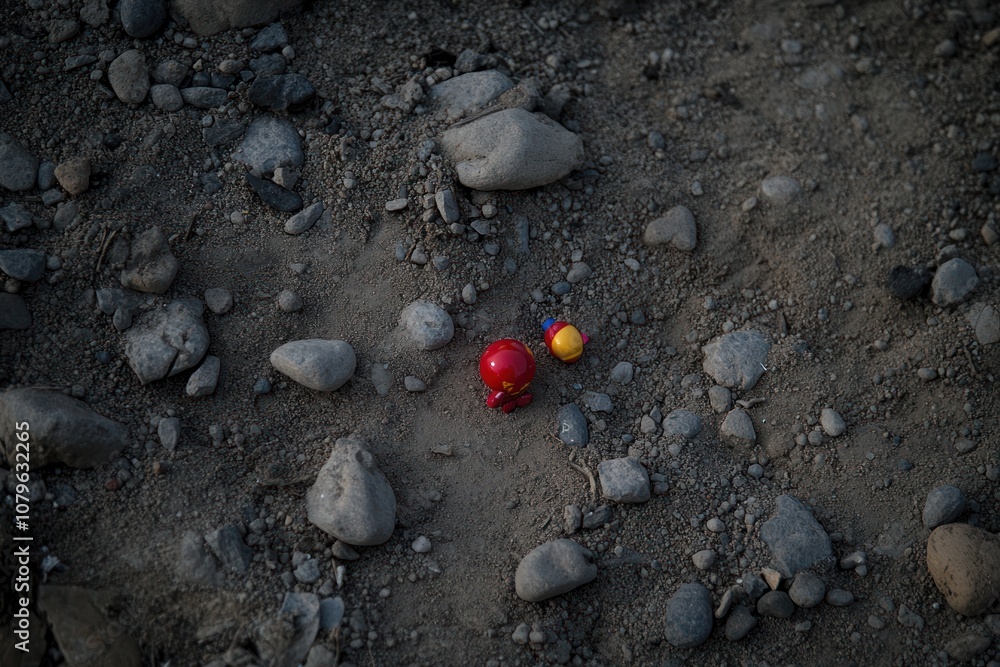 Two small figurines on a rocky, dirt surface.
