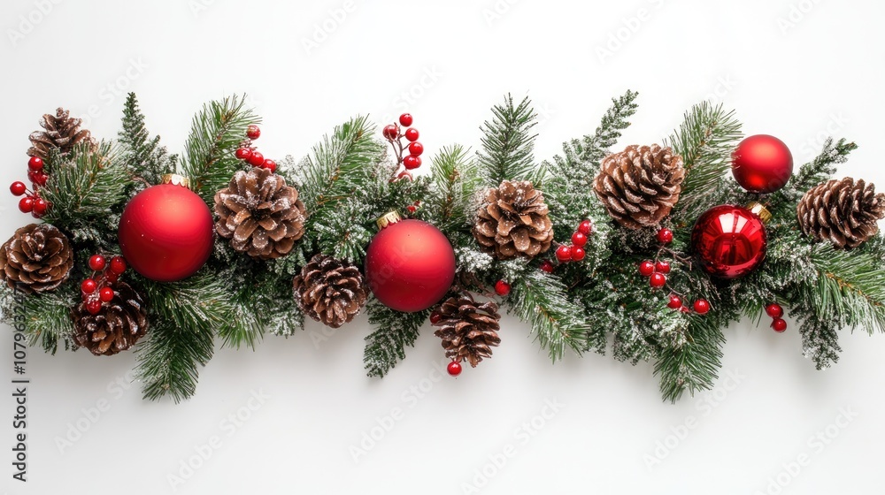 Christmas garland featuring red ornaments pine cones and berries set against a white backdrop Christmas garland featuring red ornaments pine cones and berries set against a white backdrop
