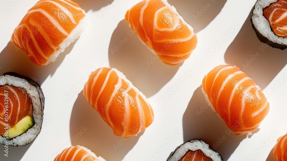 Fresh salmon nigiri and sushi rolls arranged on a light background creating an appealing food presentation Fresh salmon nigiri and sushi rolls arranged on a light background creating an appealing food presentation