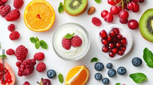 Fresh fruits and yogurt beautifully displayed on a white background highlighting wholesome produce and healthy ingredients