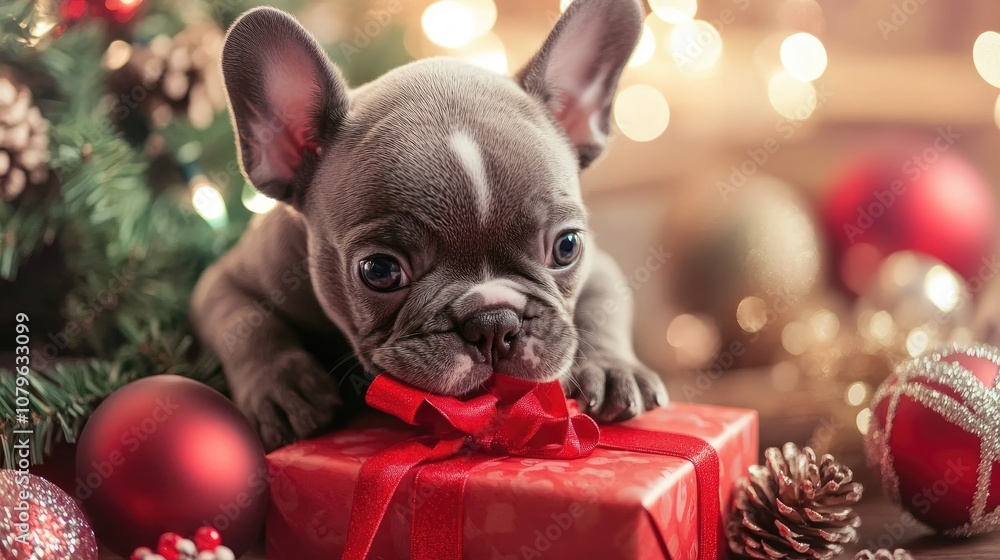 Adorable French Bulldog puppy playfully chewing on a red ribbon from a Christmas gift box adorned with festive decorations Adorable French Bulldog puppy playfully chewing on a red ribbon from a Christmas gift box adorned with festive decorations