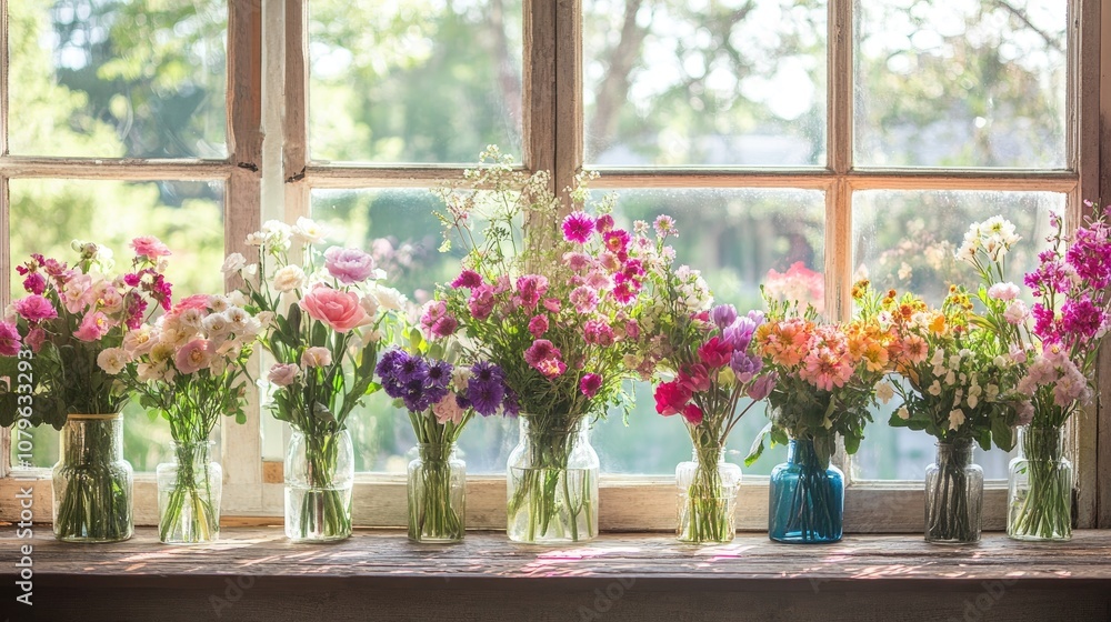 A vivid assortment of fresh flowers in vases on a rustic wooden table illuminated by natural light streaming through large windows creates a lively atmosphere A vivid assortment of fresh flowers in vases on a rustic wooden table illuminated by natural light streaming through large windows creates a lively atmosphere