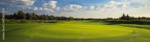 Lush green golf course, wide-open fairway, bright summer day, fluffy clouds