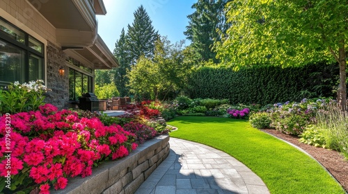 Fototapeta Naklejka Na Ścianę i Meble -  Elegant home garden featuring a retaining wall tiled pathways and vibrant flowers in summer showcasing a beautifully landscaped backyard with a walkway lawn and greenery