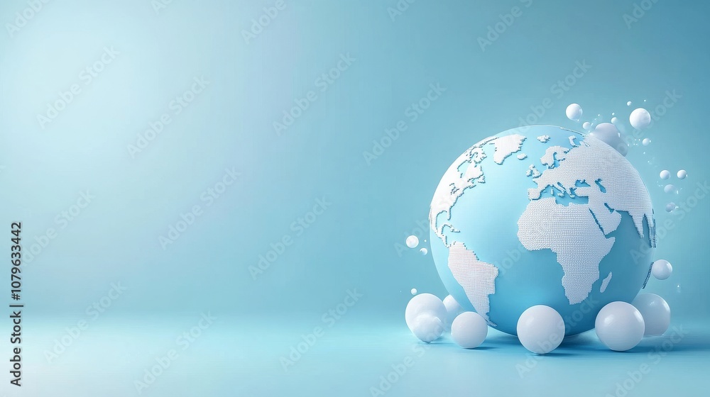 Obraz premium 3D World Sphere with Light Blue Background and Bubbles