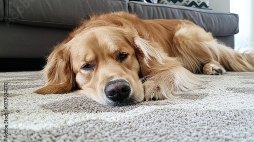 Resting golden retriever appears bored while lounging on the living room floor photo