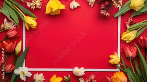 Red background featuring spring flowers with a frame and space for text ideal as a template for a Mother s Day greeting card