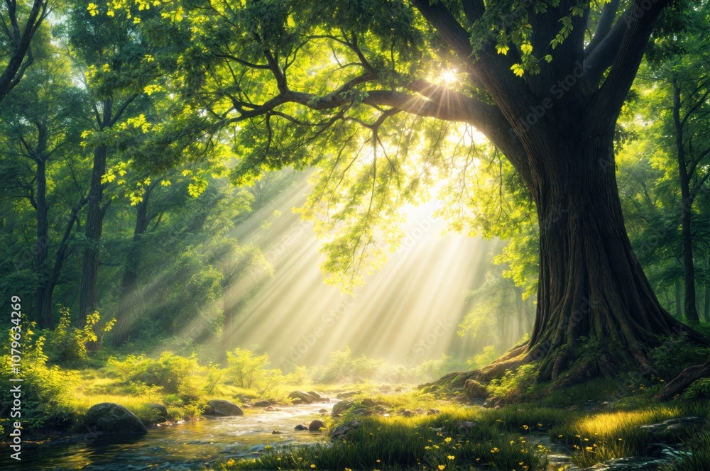 Obraz premium Raios de sol iluminam um lago sereno, cercado por uma floresta exuberante. A cena bucólica, com vida aquática e vegetação vibrante, evoca a magia da natureza