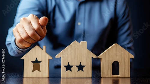 Outstanding service highlighted by a businessman showcasing a 5 star rating alongside a wooden home model against a dark blue background