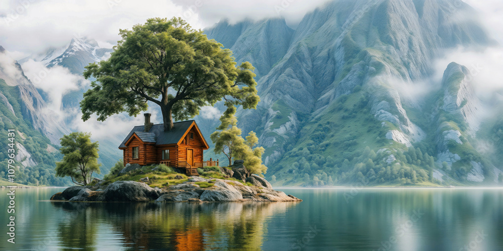 Paisagem com casa isolada em uma ilha, cercada por montanhas e natureza exuberante. A imagem transmite paz e tranquilidade, perfeita para criar um ambiente relaxante e inspirador. Paisagem com casa isolada em uma ilha, cercada por montanhas e natureza exuberante. A imagem transmite paz e tranquilidade, perfeita para criar um ambiente relaxante e inspirador.