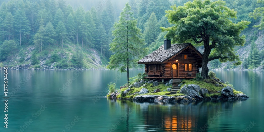 Fototapeta premium Paisagem com casa isolada em uma ilha, cercada por montanhas e natureza exuberante. A imagem transmite paz e tranquilidade, perfeita para criar um ambiente relaxante e inspirador.