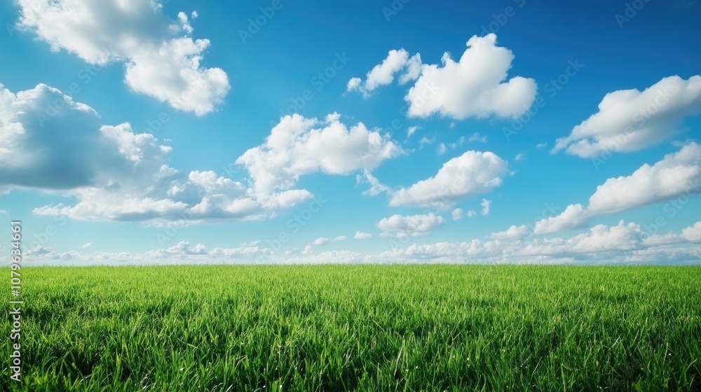 Lush green grass field under a blue sky adorned with fluffy clouds Lush green grass field under a blue sky adorned with fluffy clouds