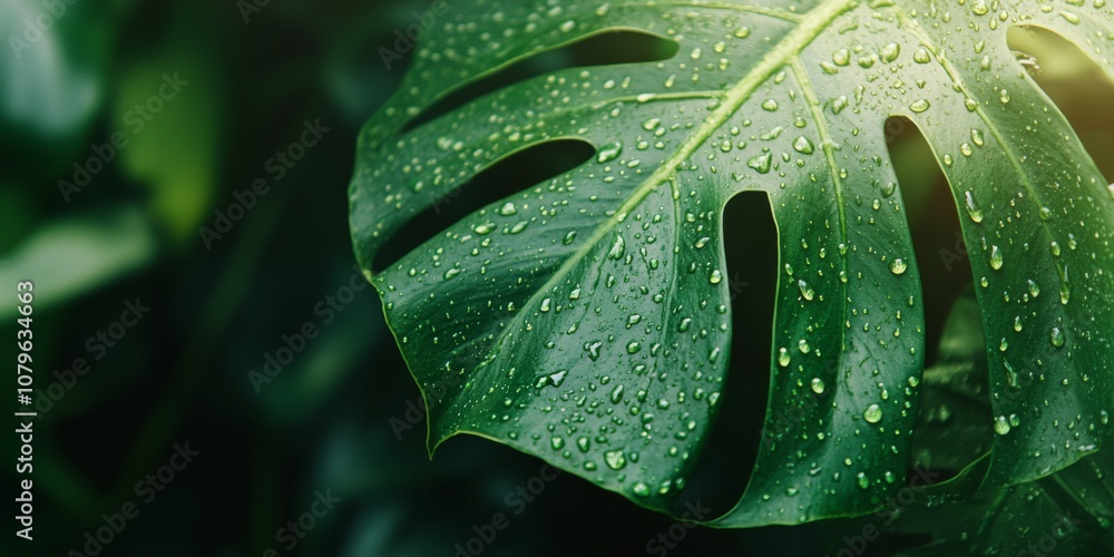 A close-up shot of a Monstera leaf showing water droplets on its surface, with intricate details and vibrant green color, emphasizing freshness and natural beauty A close-up shot of a Monstera leaf showing water droplets on its surface, with intricate details and vibrant green color, emphasizing freshness and natural beauty