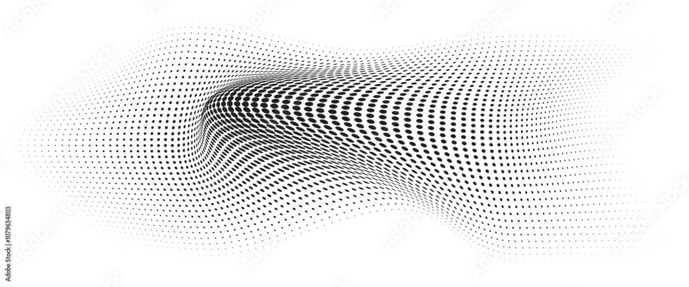 Flowing Wave Dot Halftone Pattern: Curve Gradient Shape on Transparent Background. Suitable for AI, Tech, Network, Digital, Science, and Technology Themes. Flowing Wave Dot Halftone Pattern: Curve Gradient Shape on Transparent Background. Suitable for AI, Tech, Network, Digital, Science, and Technology Themes.