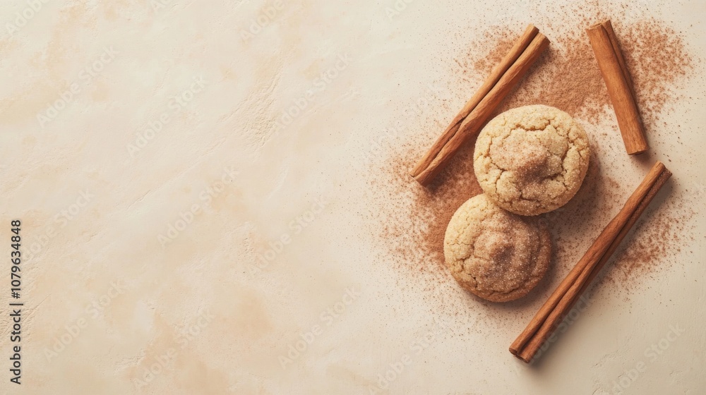 A warm arrangement of freshly baked cinnamon cookies is placed beside cinnamon sticks and a dusting of powdered sugar, creating a cozy atmosphere perfect for the fall season. A warm arrangement of freshly baked cinnamon cookies is placed beside cinnamon sticks and a dusting of powdered sugar, creating a cozy atmosphere perfect for the fall season.