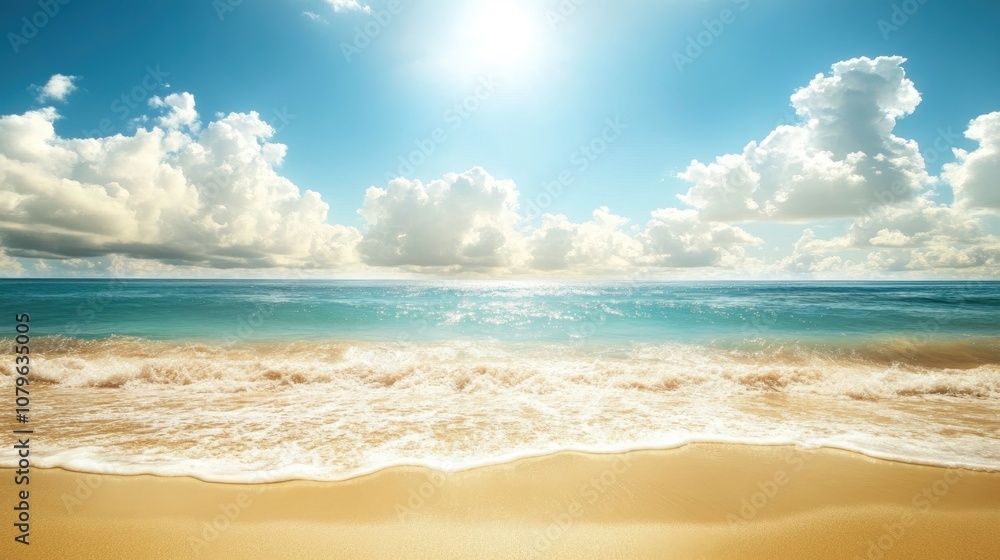 Tropical beach scene featuring golden sand and sunlight with sea water beneath a blue sky adorned with white clouds Ideal for summer vacation themes and offers ample copy space Tropical beach scene featuring golden sand and sunlight with sea water beneath a blue sky adorned with white clouds Ideal for summer vacation themes and offers ample copy space