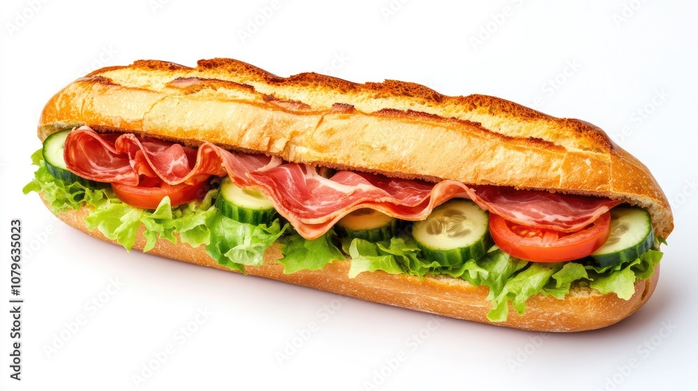 Sub sandwich made with a baguette filled with lettuce tomatoes cucumbers prosciutto ham and cheese against a white backdrop Sub sandwich made with a baguette filled with lettuce tomatoes cucumbers prosciutto ham and cheese against a white backdrop