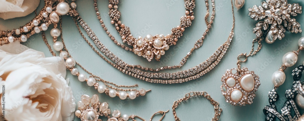 A collection of elegant jewelry pieces arranged with soft floral accents. A collection of elegant jewelry pieces arranged with soft floral accents.
