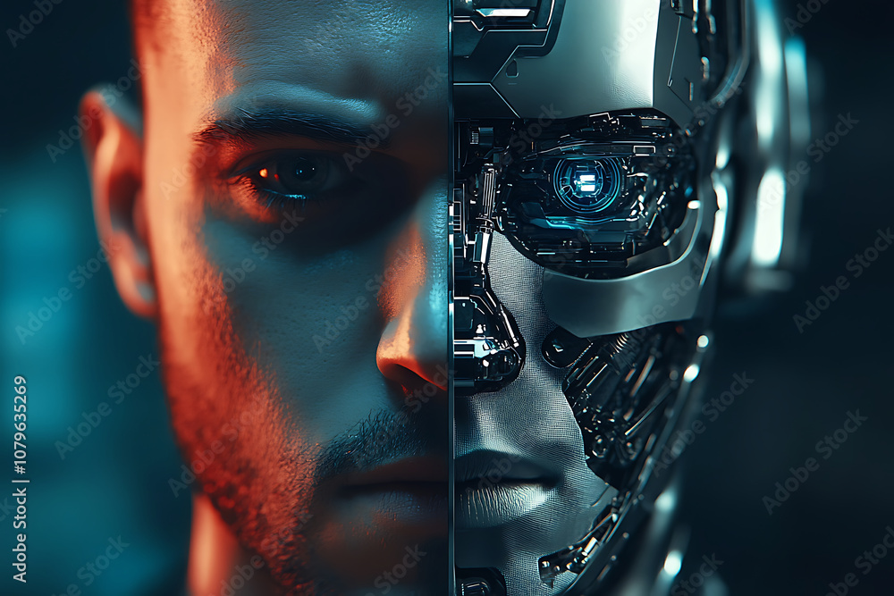 A human merging with a robot, symbolizing the fusion of humanity and advanced AI. A human merging with a robot, symbolizing the fusion of humanity and advanced AI.