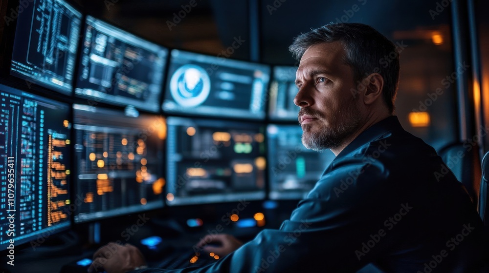 A focused individual monitors multiple screens displaying data and graphs in a tech environment. A focused individual monitors multiple screens displaying data and graphs in a tech environment.