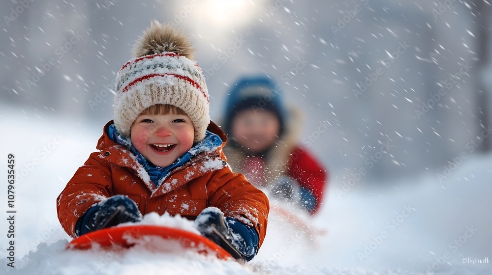 Photograph of children happily playing and sledding in a snowy landscape during a gentle serene snowfall with snow covered trees adding to the cozy wintry atmosphere Photograph of children happily playing and sledding in a snowy landscape during a gentle serene snowfall with snow covered trees adding to the cozy wintry atmosphere