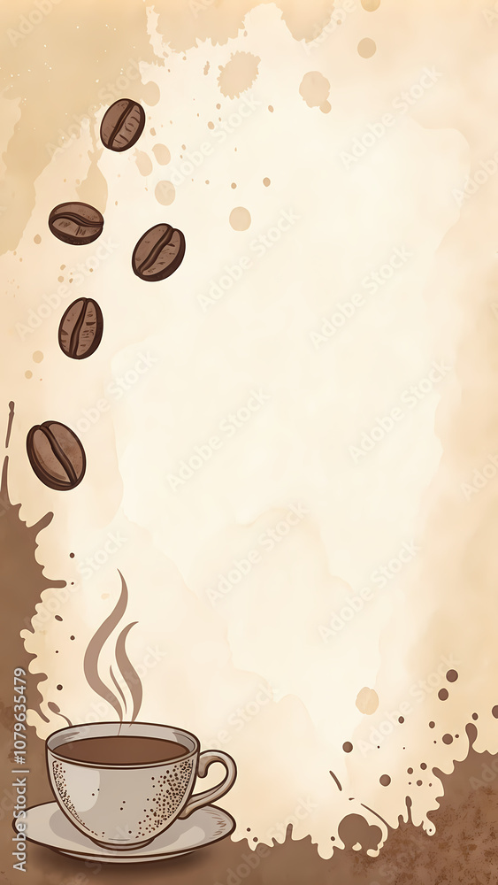 Obraz premium Hot espresso in a brown mug with steam rising, surrounded by coffee beans, perfect for a morning pick-me-up, graphic design