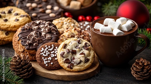 Photograph of delectable holiday cookies chocolate and marshmallows arranged on a warm rustic wooden table with festive a cozy and inviting atmosphere for seasonal and gatherings