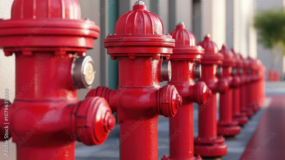 Row of classic red fire hydrants serving as the primary line of defense against fires Row of classic red fire hydrants serving as the primary line of defense against fires