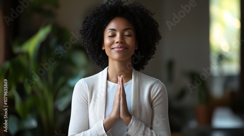 Portrait of a cheerful and confident Black businesswoman using a wellness and mindfulness mobile app for daily stress management and self care during her office break