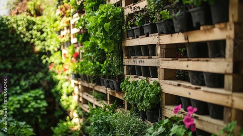 Vertical garden made with recycled pallets and suspended plants