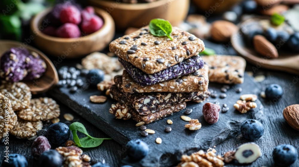 Close up of plant based protein snacks in a nutritious environment Close up of plant based protein snacks in a nutritious environment