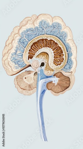 Detailed anatomical illustration of a human brain and spinal cord.