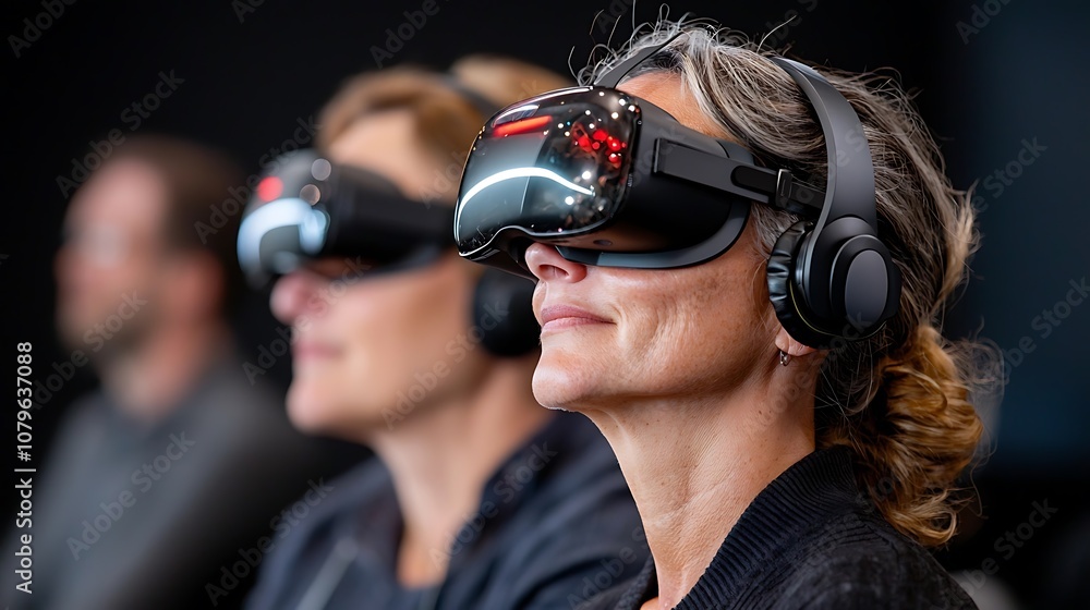 Diverse group of professionals or trainees using virtual reality headsets and equipment for an immersive digital training in a modern office or technology driven workspace Diverse group of professionals or trainees using virtual reality headsets and equipment for an immersive digital training in a modern office or technology driven workspace