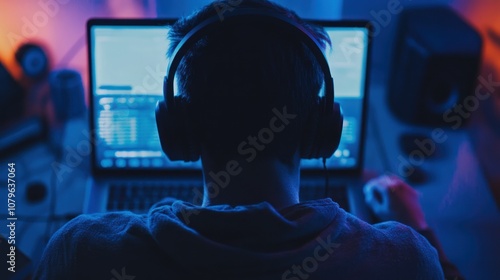 Young man with headphones, focused on laptop